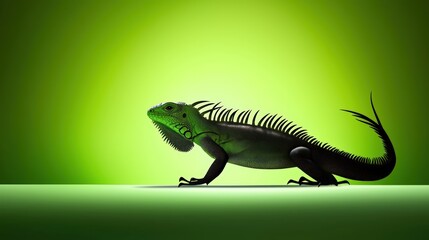 Fototapeta premium Reptile silhouette with spiked scales, resembling an iguana, isolated on a green gradient.
