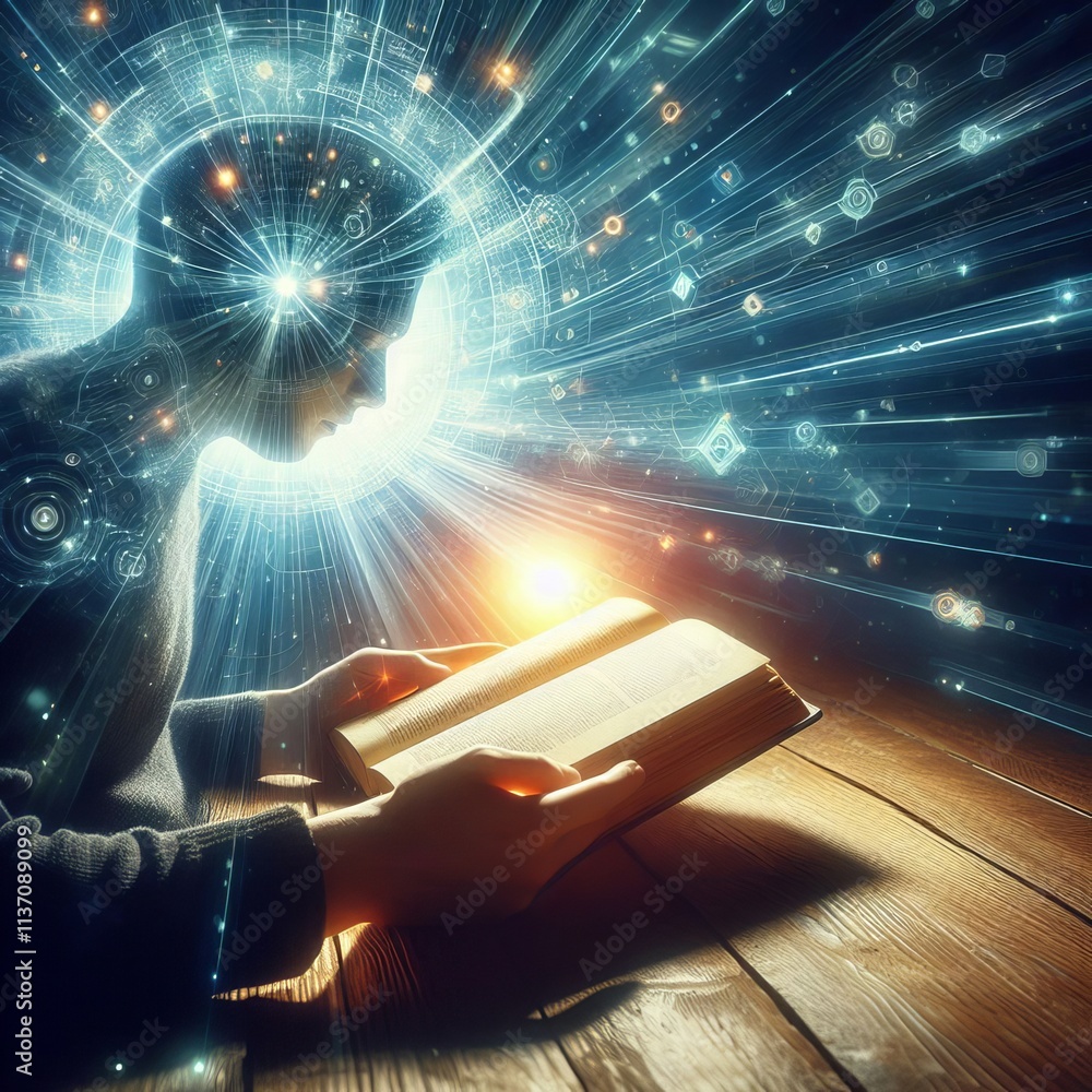 Poster a person reads a book as a digital brain and neural pathways emerge, symbolizing the integration of 
