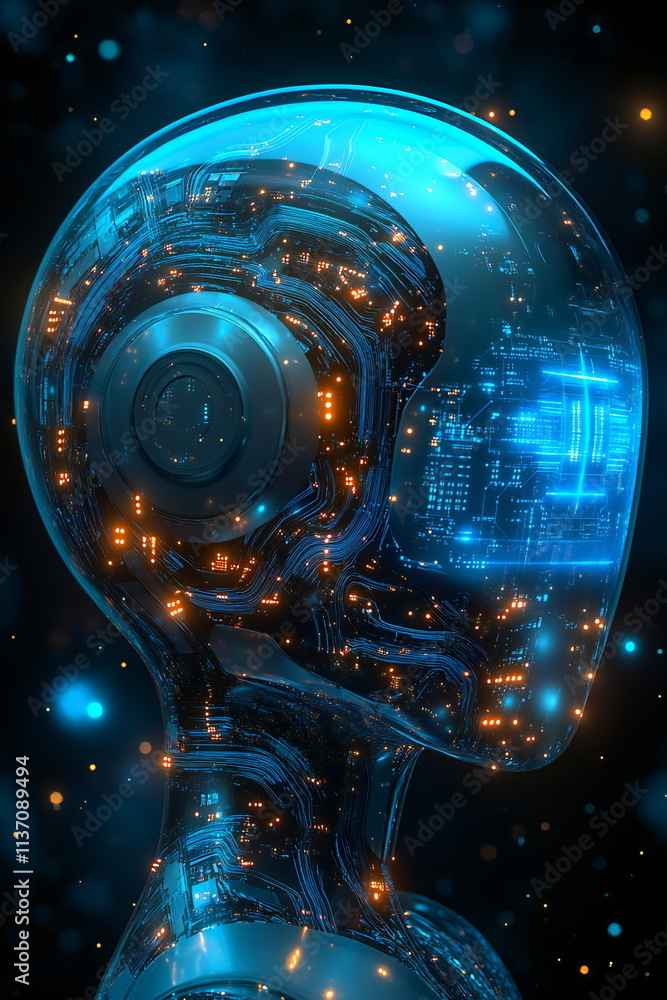 Poster ai representation showcases intricate circuitry and glowing features against a dark background, illu