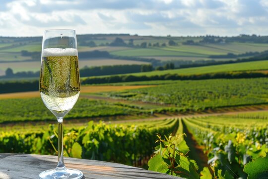 Sampling high quality sparkling white wine in Champagne France overlooking green vineyards