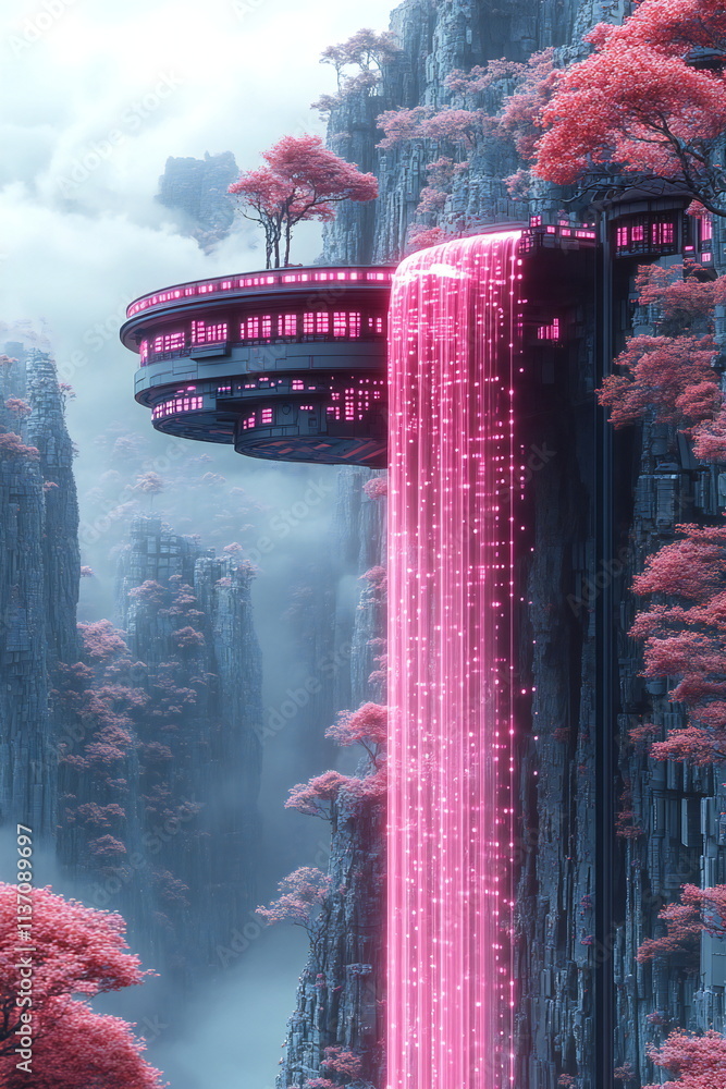 Poster futuristic landscape with a cascading pink waterfall flowing from a modern structure surrounded by v