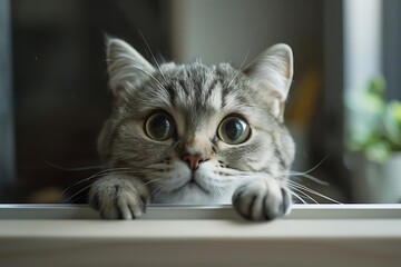 Cute gray tabby cat with big eyes looking through window.