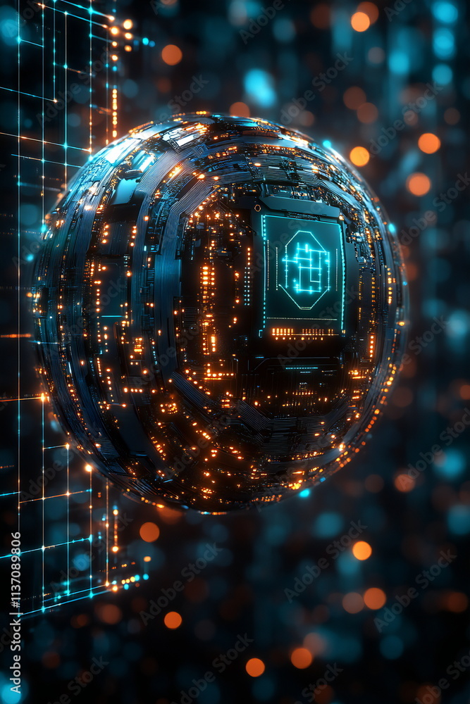 Poster exploration of artificial intelligence through a digital sphere featuring intricate circuitry and gl