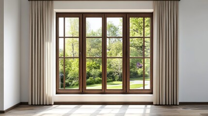 Sunlight streams through large window with beige curtains onto hardwood floor.