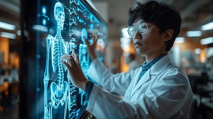Young scientist examining a digital skeletal X-ray on a large touchscreen.