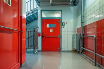 Security door and fire protection system in store gate doorway and guard post Steel doors and flooring in warehouse