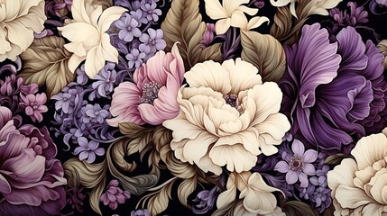 Luxurious floral arrangement with peonies, roses, and other blooms in rich purple, cream, and brown tones.