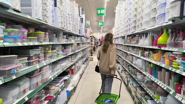  woman chooses personal care products in a supermarket or store. Female selects household chemicals. hesitates with choice, search inspect goods shopping