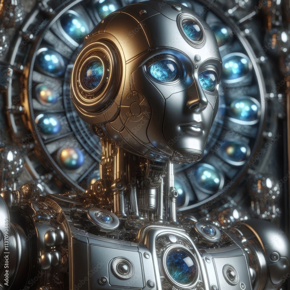 Poster a robotic figure with a sleek metallic design and glowing blue elements, standing before a complex m