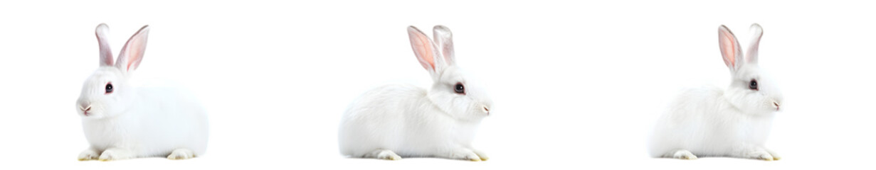 Collection of three white rabbits in portrait and sitting views, isolated on a white background perfect for pet and wildlife themes.