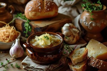 Shallow depth of field captures French onion soup with cheese and bread