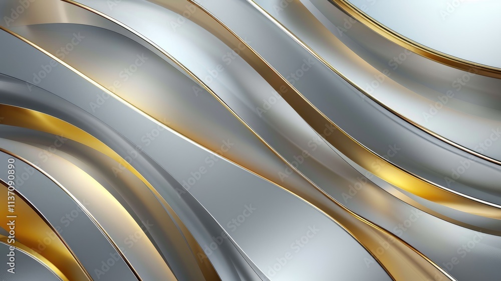 Poster abstract waves of silver and gold create a dynamic, modern visual texture.