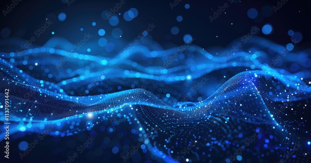 Poster abstract digital waves with glowing blue particles, representing data flow and technology.