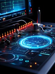 Obraz premium Futuristic medical control panel with glowing holographic display.