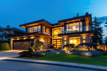 Naklejka premium Spacious modern home in Vancouver suburbs at night