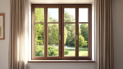Sunlight streams through a large window showcasing a lush green park view.