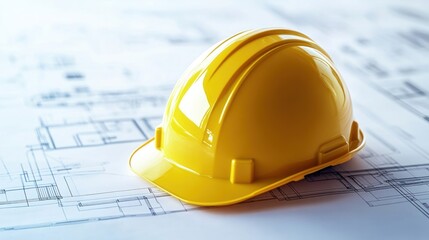 Yellow Hard Hat on Blueprints: Construction and Safety