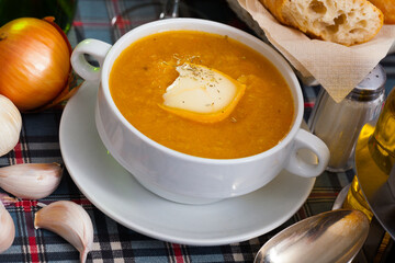 Cream soup with vegetables and soft cheese. High quality photo