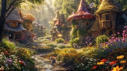 Fototapeta premium A fantasy village with houses shaped like mushrooms. Generative AI