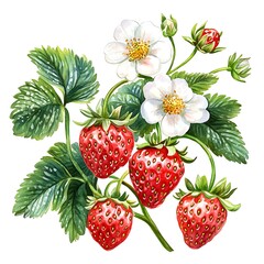 Watercolor painting of a strawberry plant with ripe red strawberries and delicate white flowers.