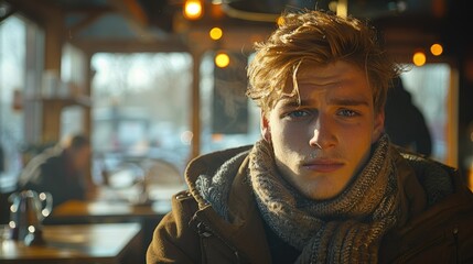 Obraz premium A young man with tousled hair sits in a cozy café, looking contemplative and serious.