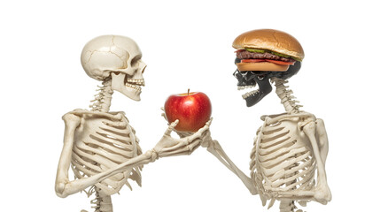 Conceptual artwork showing a split human and skeleton, holding an apple and burger to symbolize healthy and unhealthy lifestyles, isolated on a white background health and wellness theme.