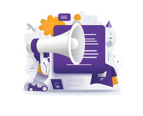 Purple Megaphone and Blank Frame with Abstract Background for Announcements