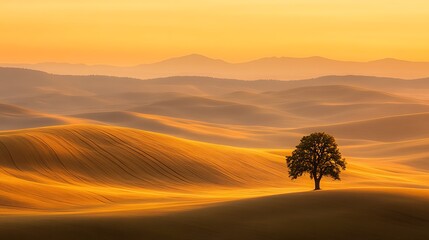 Obraz premium Golden Sunrise Over Rolling Hills And Solitary Tree