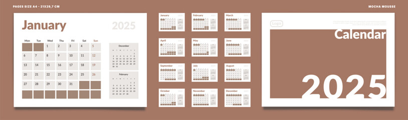 Set of 2025 Calendar Planner Template Pages Monthly, Cover. Vector layout of a wall or desk calendar with week start Monday for printing. Page size A4-21x29.7cm