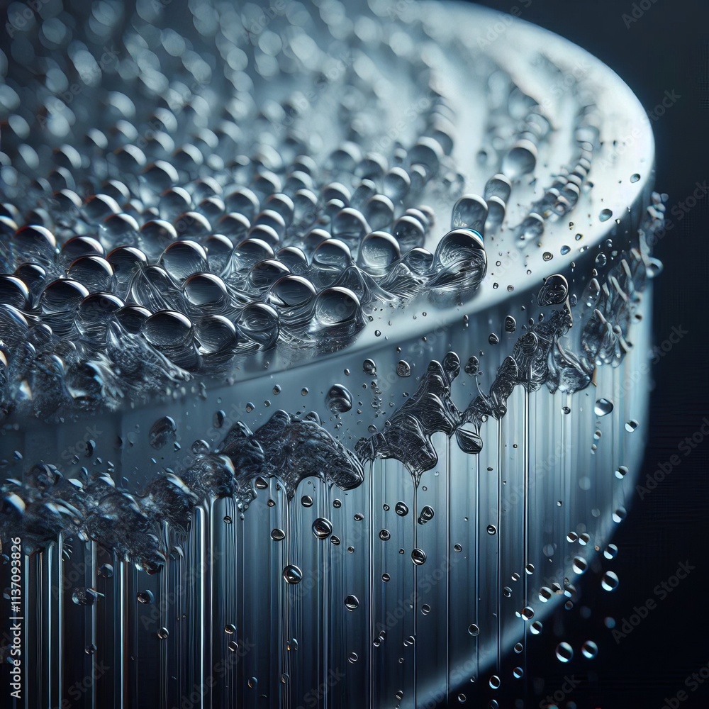 Poster a close-up of countless water droplets resting on a smooth, reflective surface, creating a mesmerizi