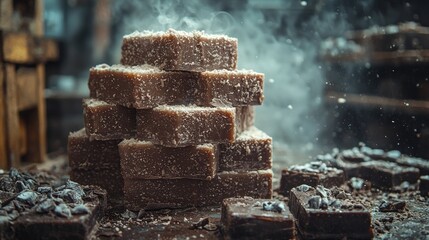 Stacked chocolate squares with powdered sugar