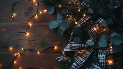 Warm, cozy holiday scene with plaid fabric, eucalyptus, and fairy lights on a wood background.