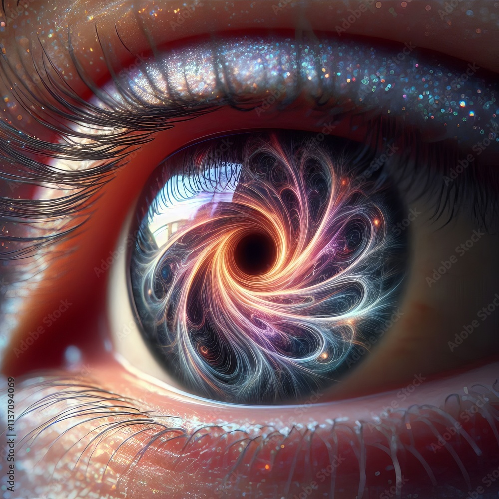 Poster a close-up of a human eye with a surreal glowing spiral design in the iris, reflecting an explosion 