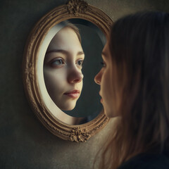 A woman looking into a mirror and experiencing body dysmorphia; you can't stop thinking about one or more perceived defects or flaws in your appearance