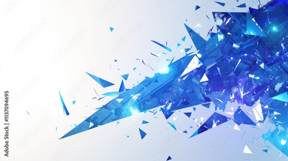 Poster abstract composition of sharp, blue geometric shapes with a glowing effect on a light background.