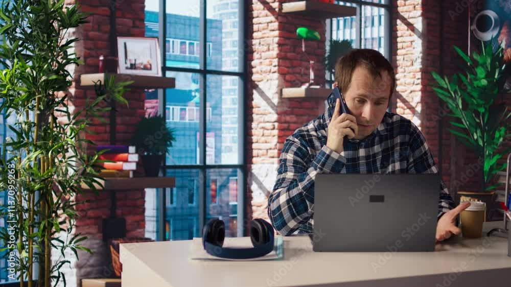 Poster manager at work arguing with employee during phone call after finding mistakes in spreadsheets on la