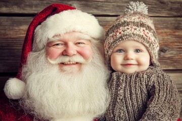 Obraz premium Gleeful holiday season season, Ñute child boy joyful with santa claus. Christmas commercial design idea pic shot for marketing material and social online ad use. Xmas sale banners.