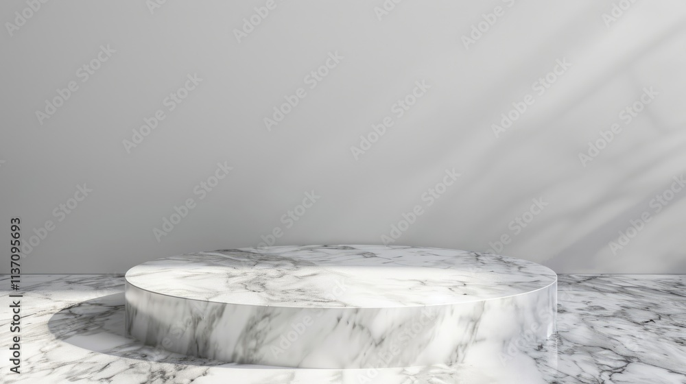 Aufkleber a minimalist marble display platform with soft shadows against a light background.