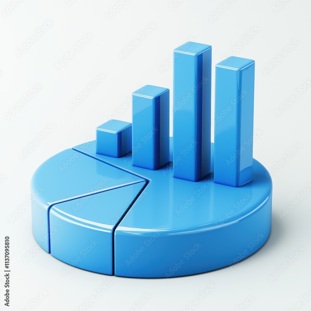 Poster blue graph chart with bars and pie slice on light background