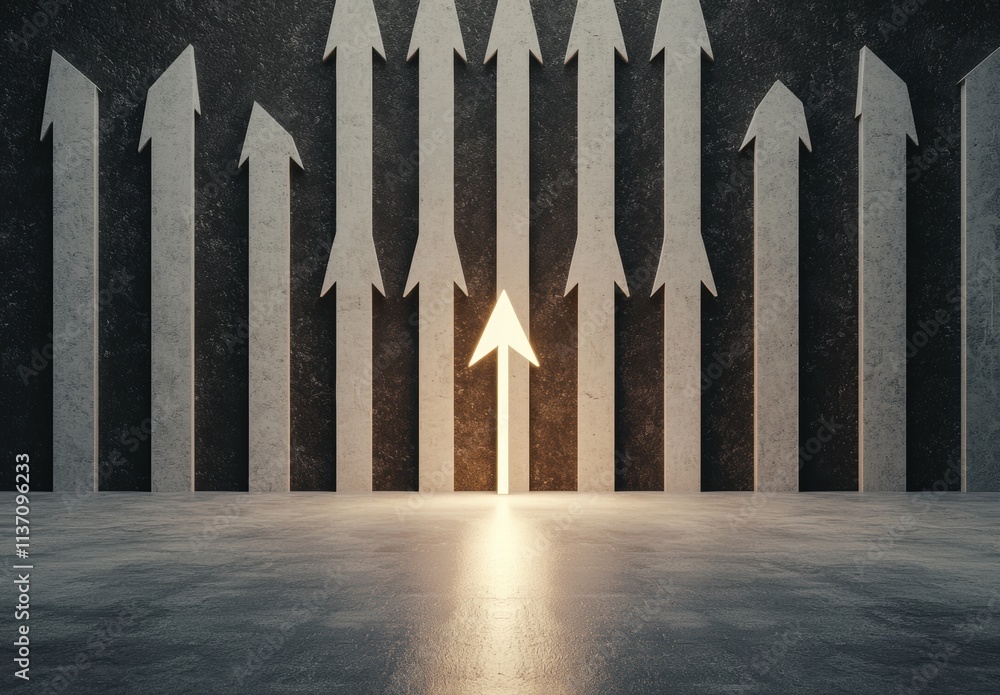 Poster abstract concept of progress with arrows and light in dark space