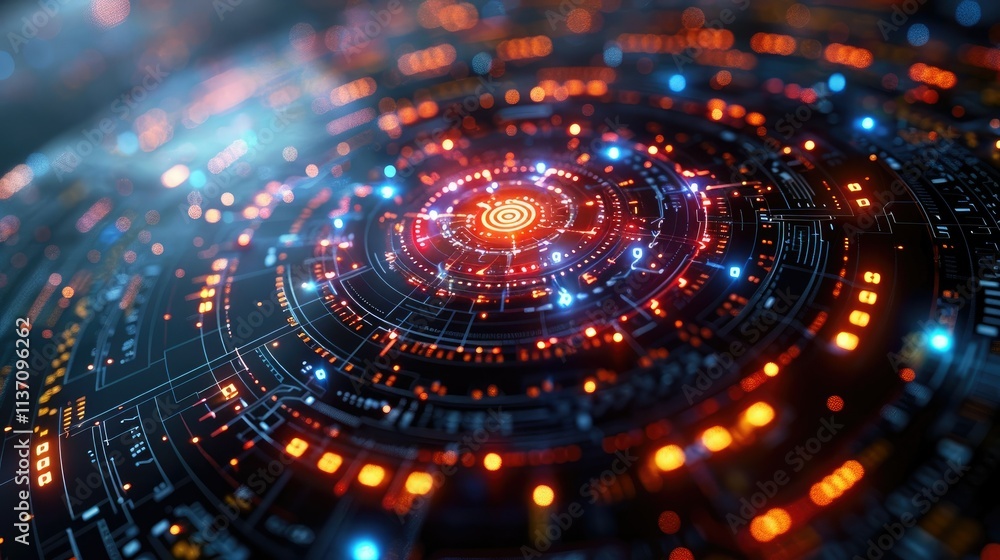 Poster abstract digital design featuring glowing circuits and patterns.