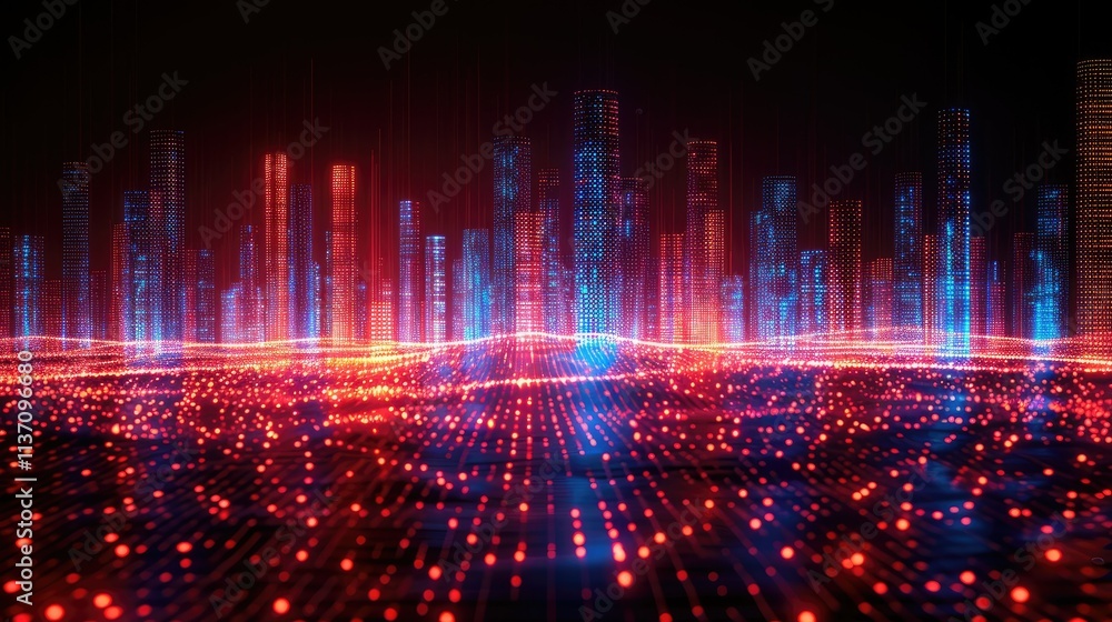 Poster abstract digital landscape with glowing lines and structures representing data flow.