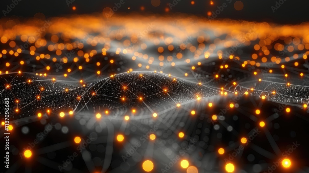 Poster abstract digital landscape with glowing nodes and lines, representing data and connectivity.