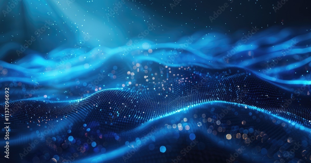 Poster abstract representation of flowing waves with shimmering lights.