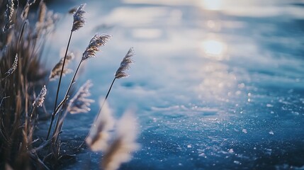 Fototapeta premium Frosty Reeds Beside A Frozen Winter Lake