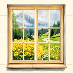 A Beautiful Watercolor Collection Depicting a Rain-Drenched Window with Vibrant Flowers and Scenic Landscape Beyond