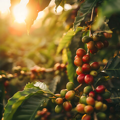 Sunlit Coffee Branch with Ripe Berries on a Plantation