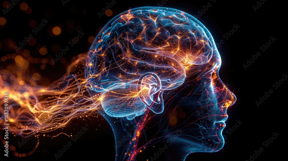 Poster abstract representation of a brain with neural connections and energy flow.