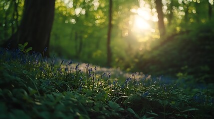 Obraz premium Sunlit Bluebells Bloom In A Verdant Forest