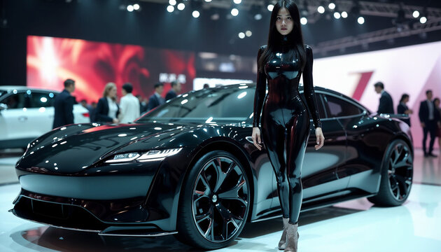 A fashionable woman in sleek attire stands confidently near an elegant futuristic car in a vibrant auto exhibition, showcasing innovation, style, and technology in an urban setting.

